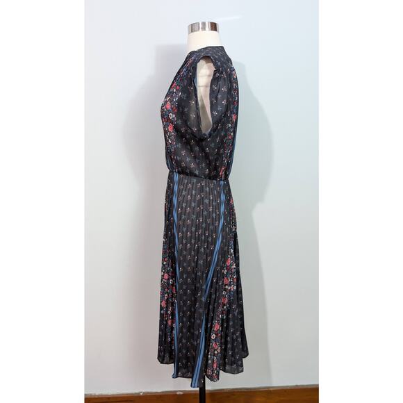 70s Black Floral Accordion Pleated Faux Wrap Dress - Picture 3 of 6